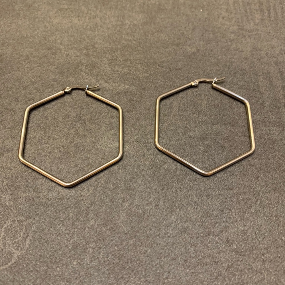 Hexagon Silver Hoop Earrings